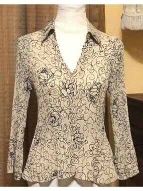 Allison Taylor Accordion Blouse Taupe Black Print Size S